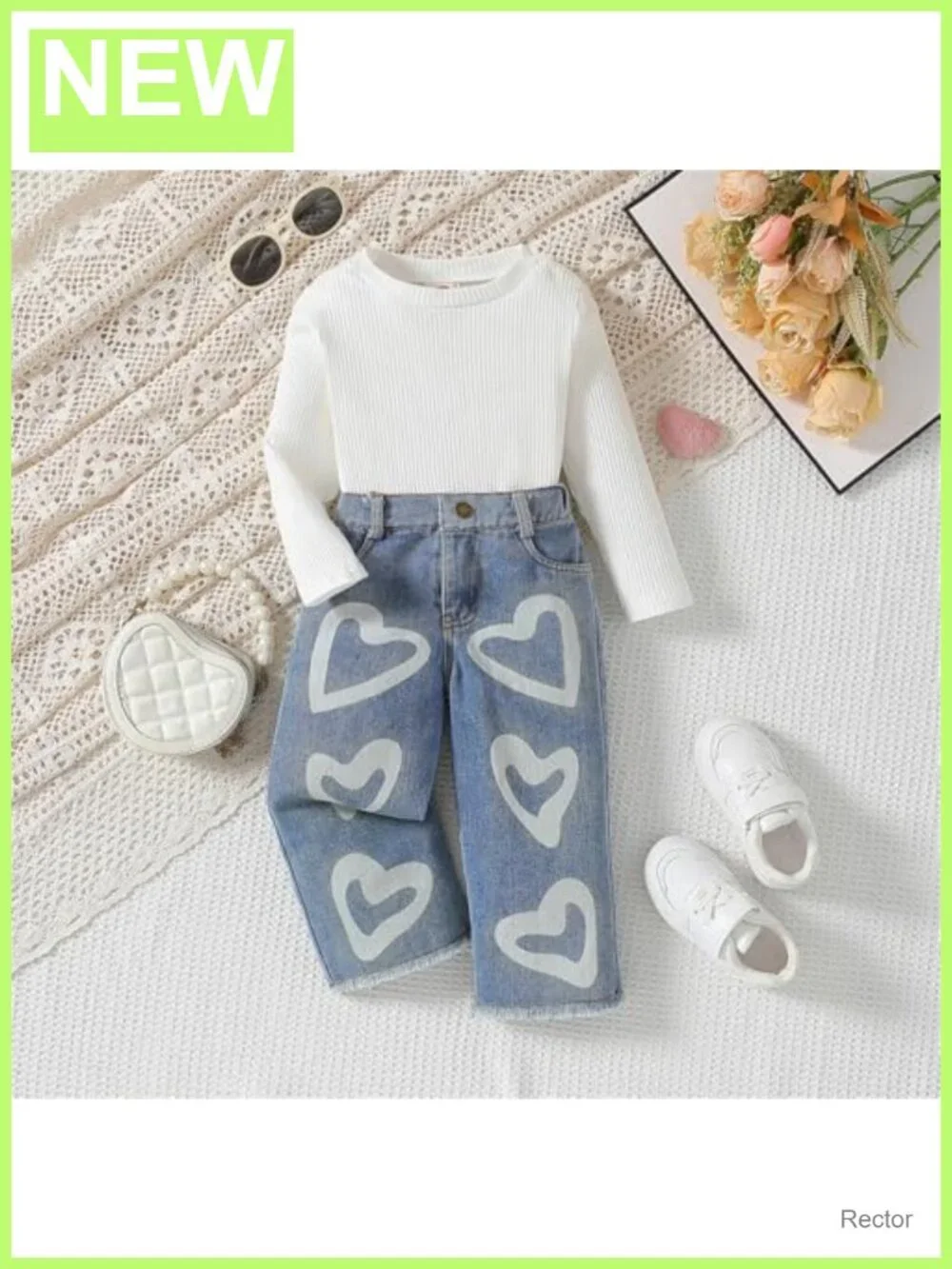 Toddler Girls Ribbed Long Sleeve Top Heart Jeans Outfit Set Cotton